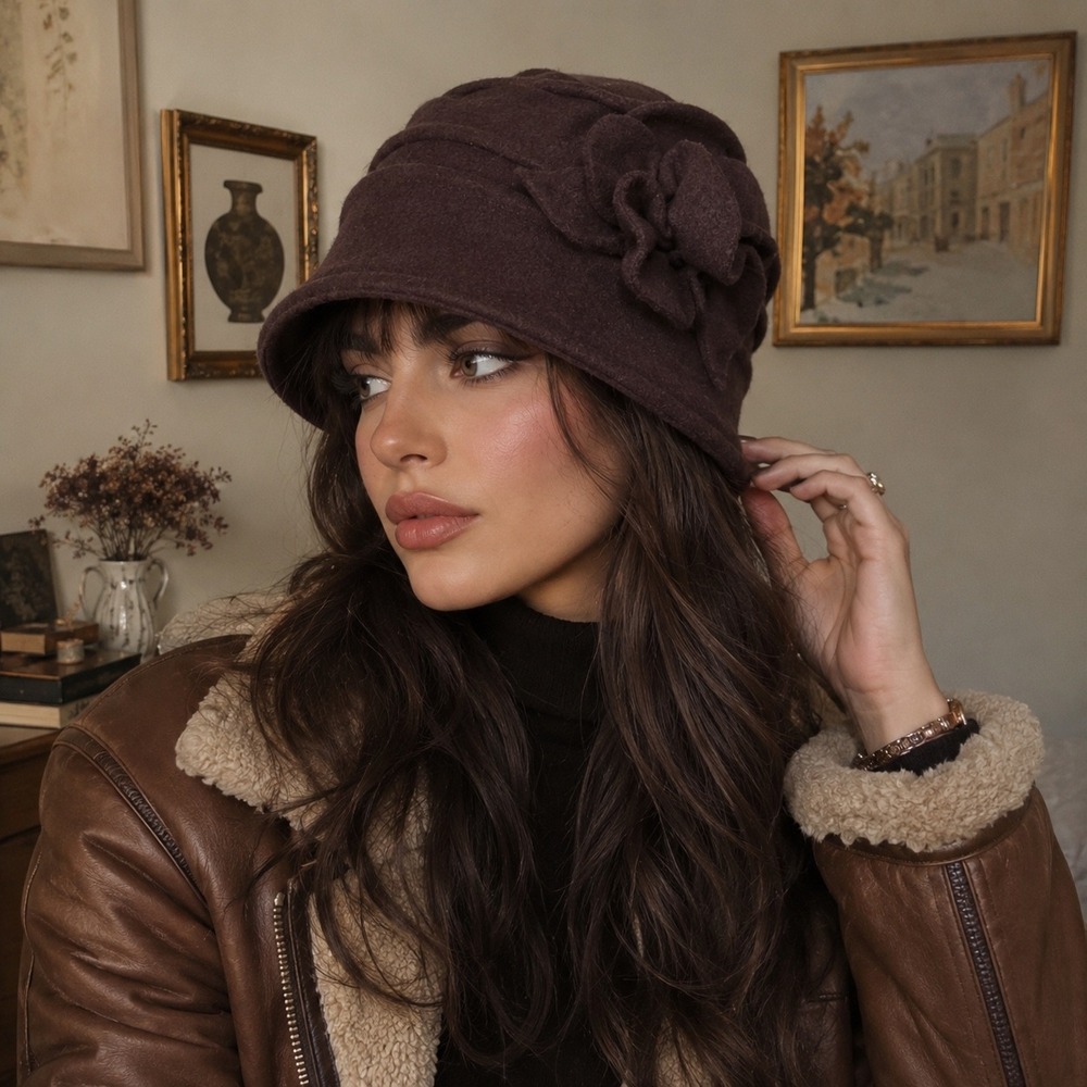 Vintage Style 100% Wool Cloche Hat Brown Flower Accent Art Flapper Hat Whimsical - Picture 1 of 8